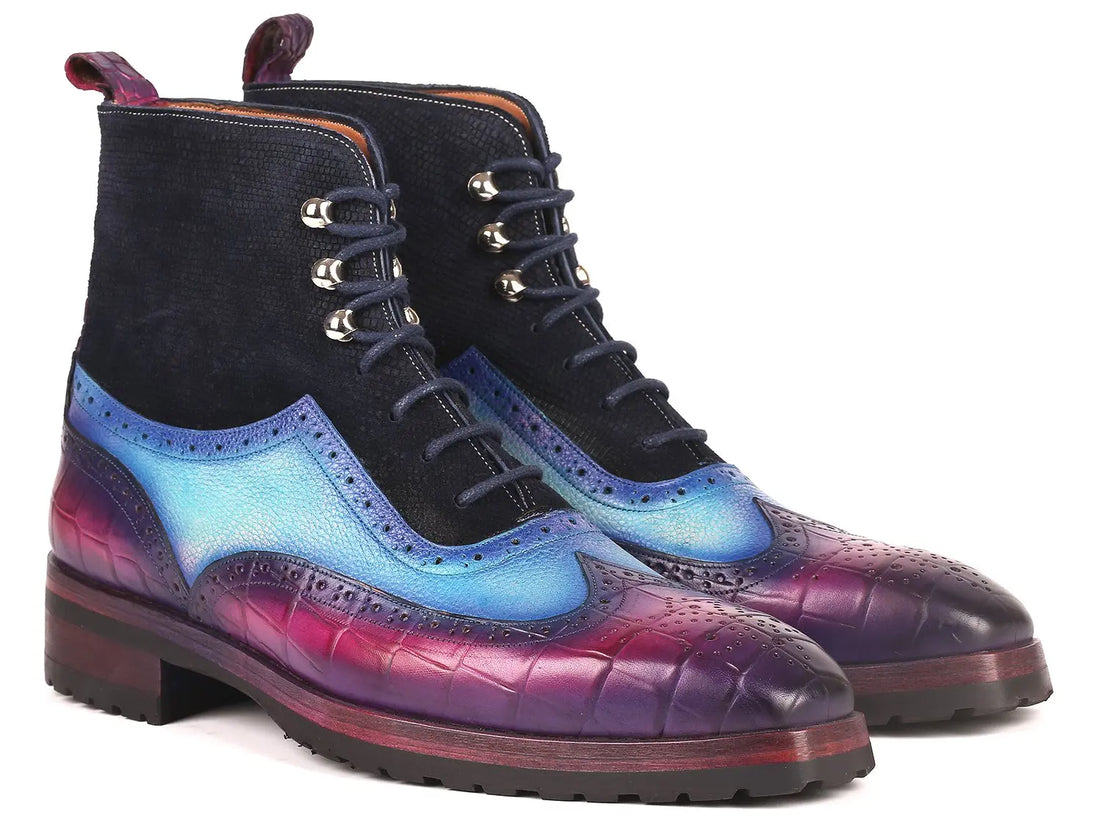 Paul Parkman Men's Three Tone Purple/Light Blue/Navy Rubber Sole Wingtip Boots (ID#9736PTN) PAUL PARKMAN