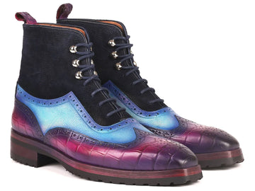 Paul Parkman Men's Three Tone Purple/Light Blue/Navy Rubber Sole Wingtip Boots (ID#9736PTN) PAUL PARKMAN