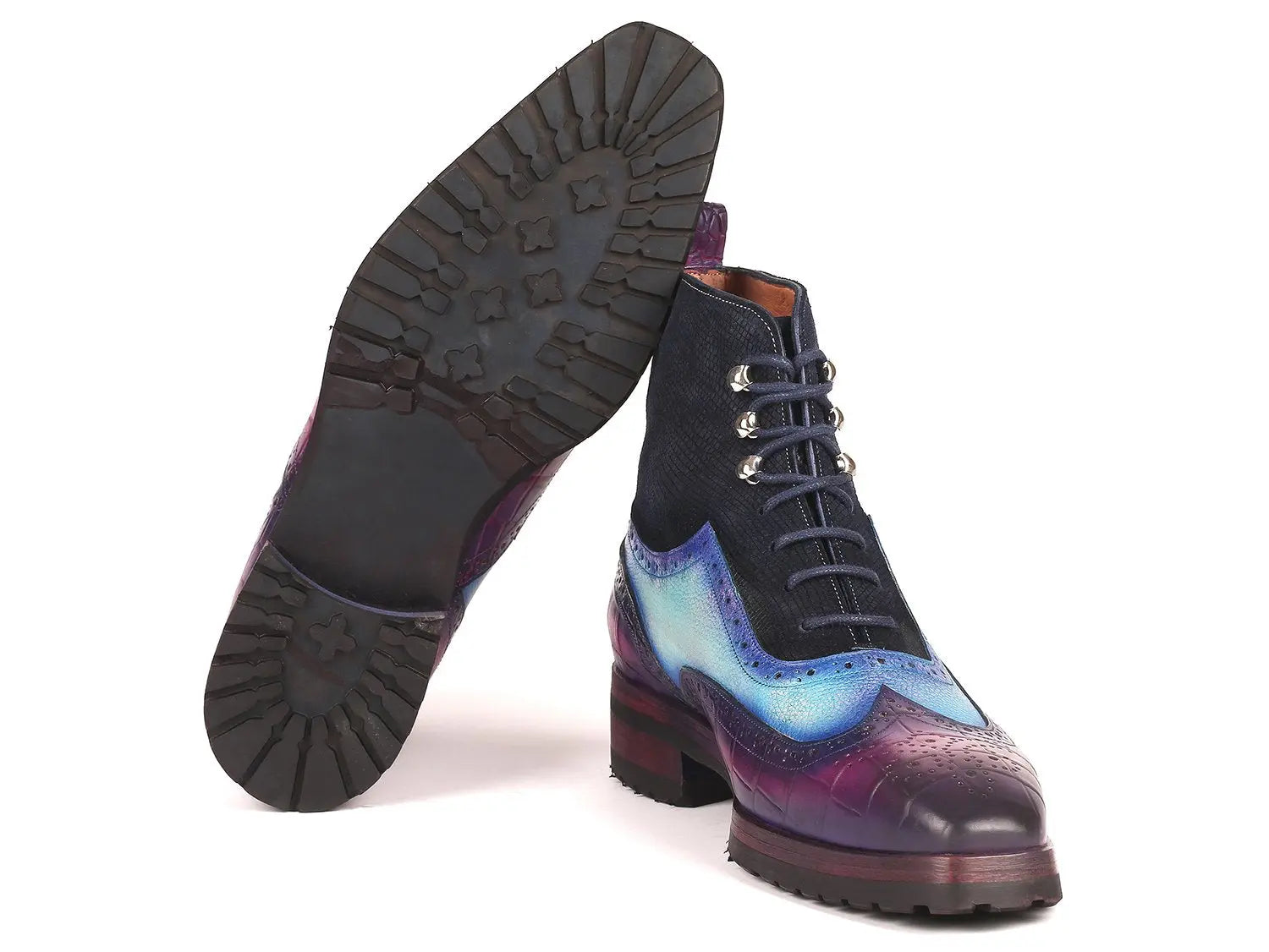 Paul Parkman Men's Three Tone Purple/Light Blue/Navy Rubber Sole Wingtip Boots (ID#9736PTN) PAUL PARKMAN