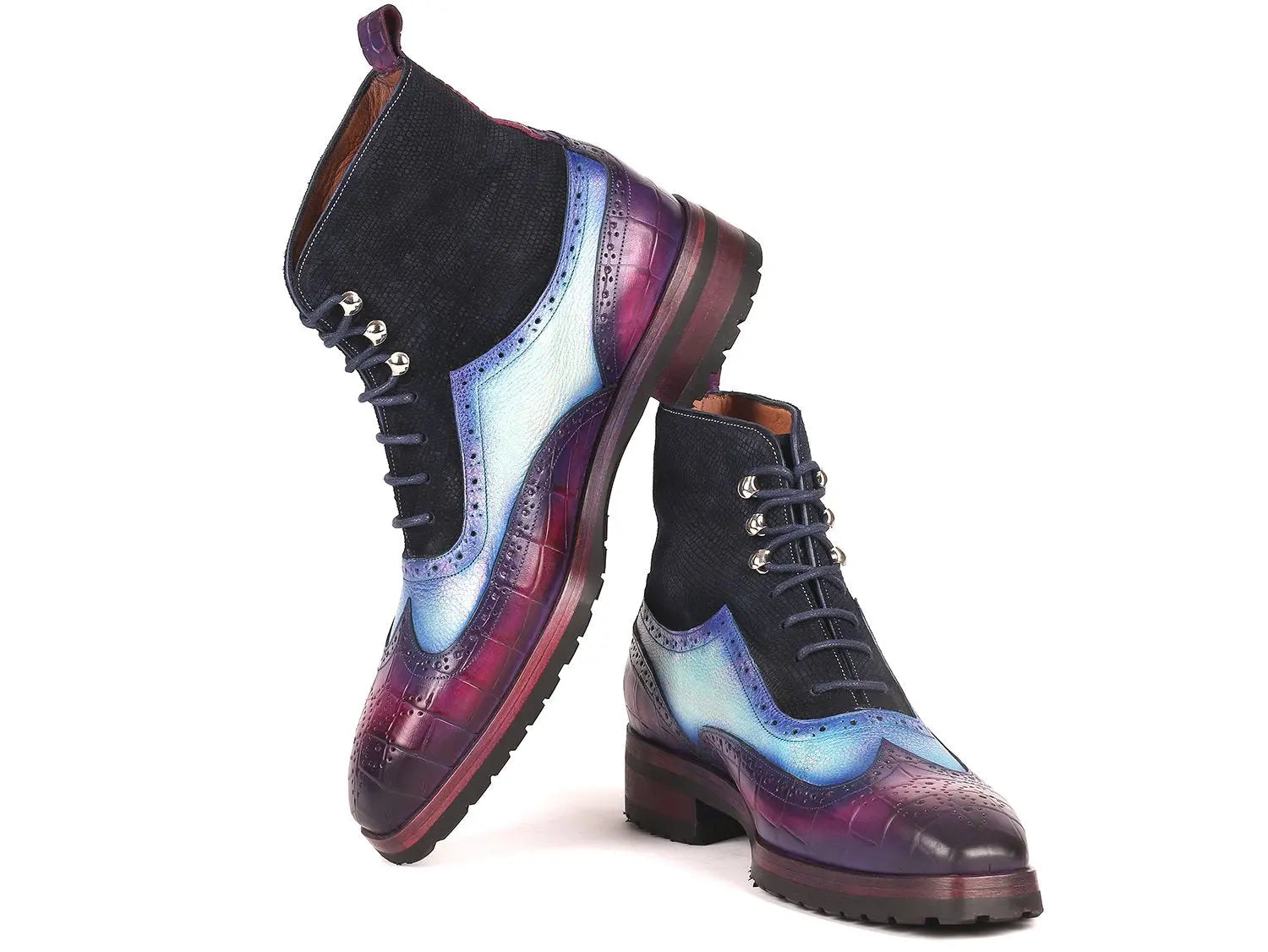 Paul Parkman Men's Three Tone Purple/Light Blue/Navy Rubber Sole Wingtip Boots (ID#9736PTN) PAUL PARKMAN