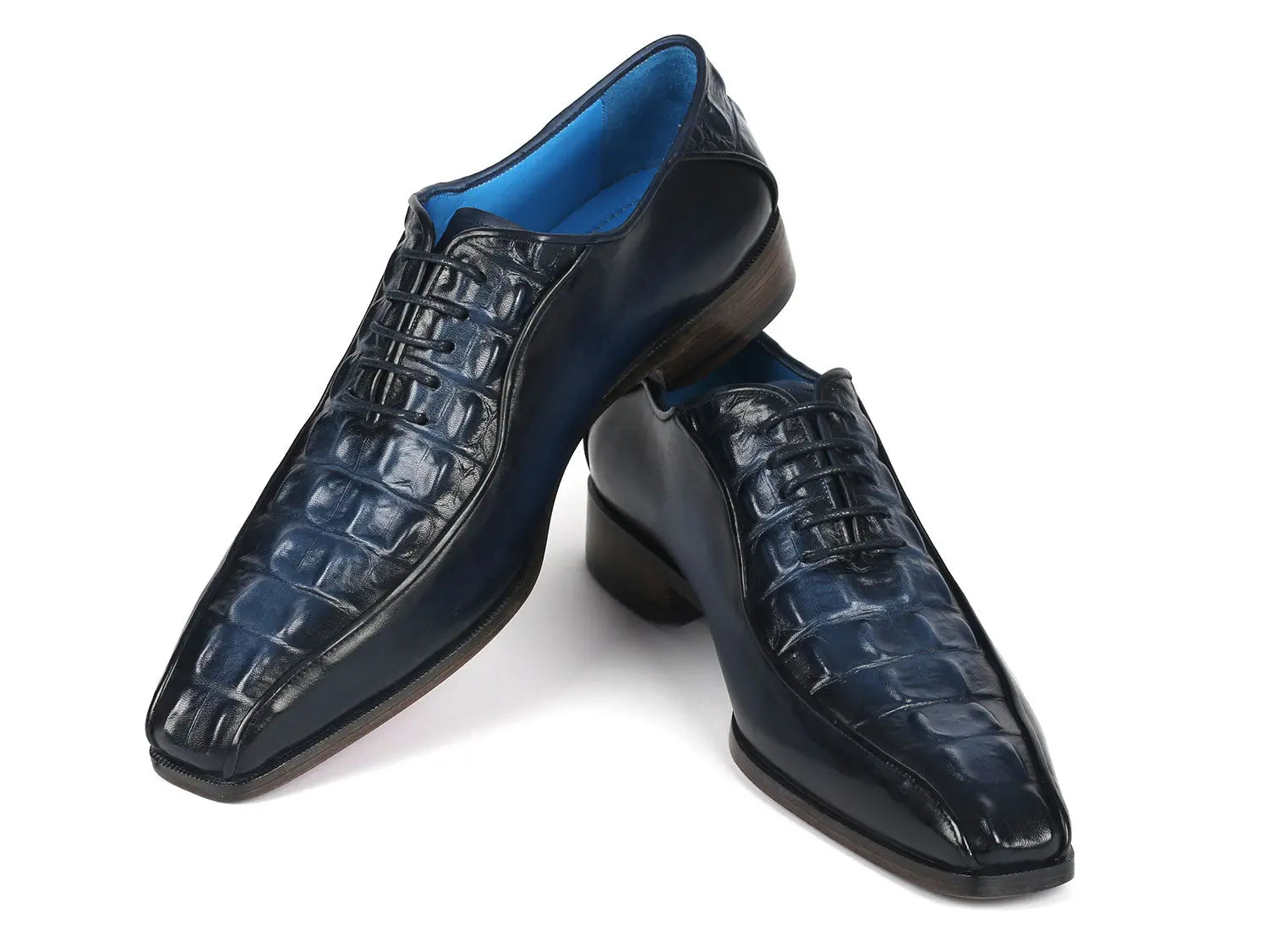 Paul Parkman Men's Navy Crocodile Textured Genuine Leather Bicycle Toe Oxfords (ID#94-214) PAUL PARKMAN