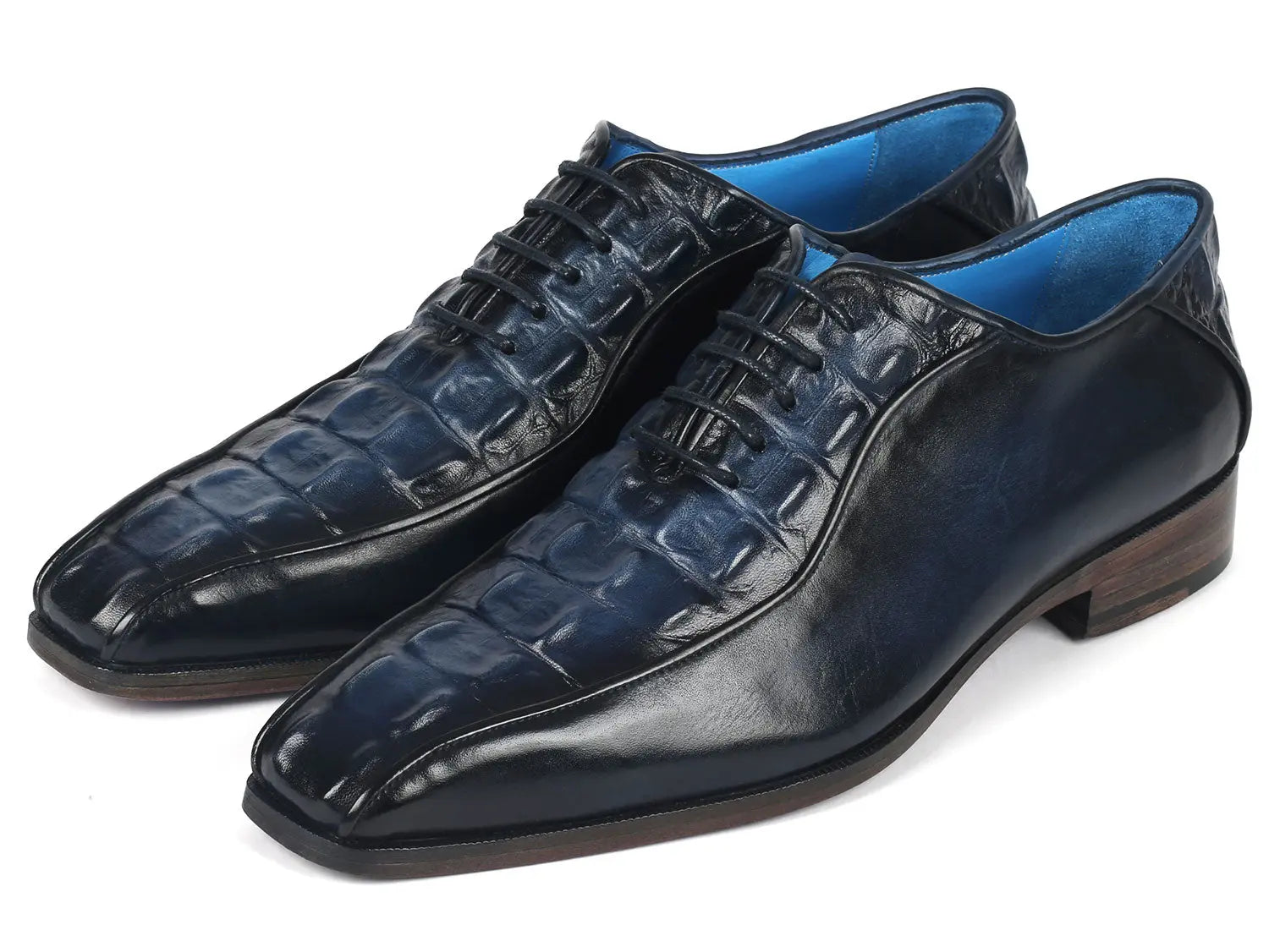 Paul Parkman Men's Navy Crocodile Textured Genuine Leather Bicycle Toe Oxfords (ID#94-214) PAUL PARKMAN