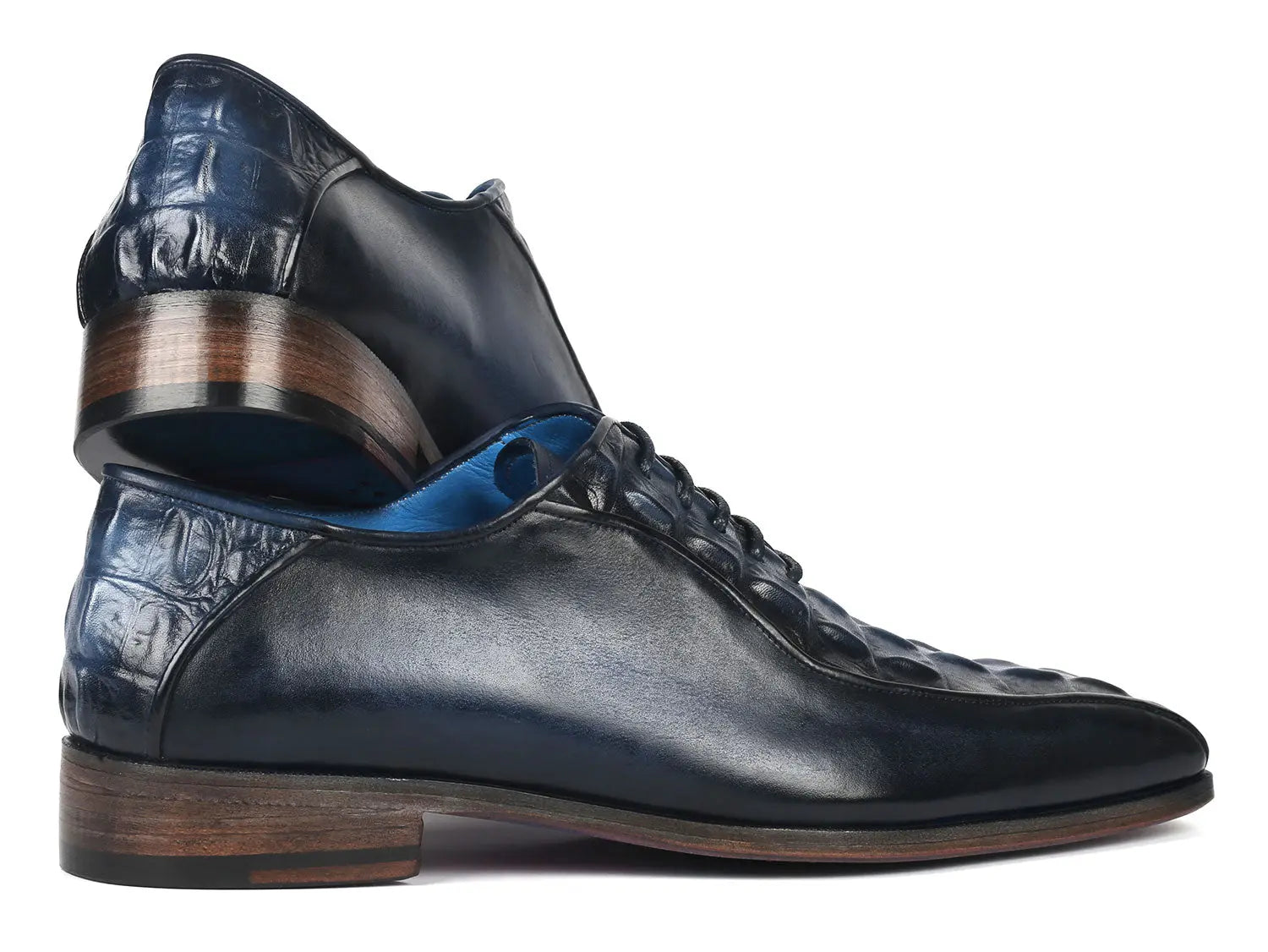 Paul Parkman Men's Navy Crocodile Textured Genuine Leather Bicycle Toe Oxfords (ID#94-214) PAUL PARKMAN