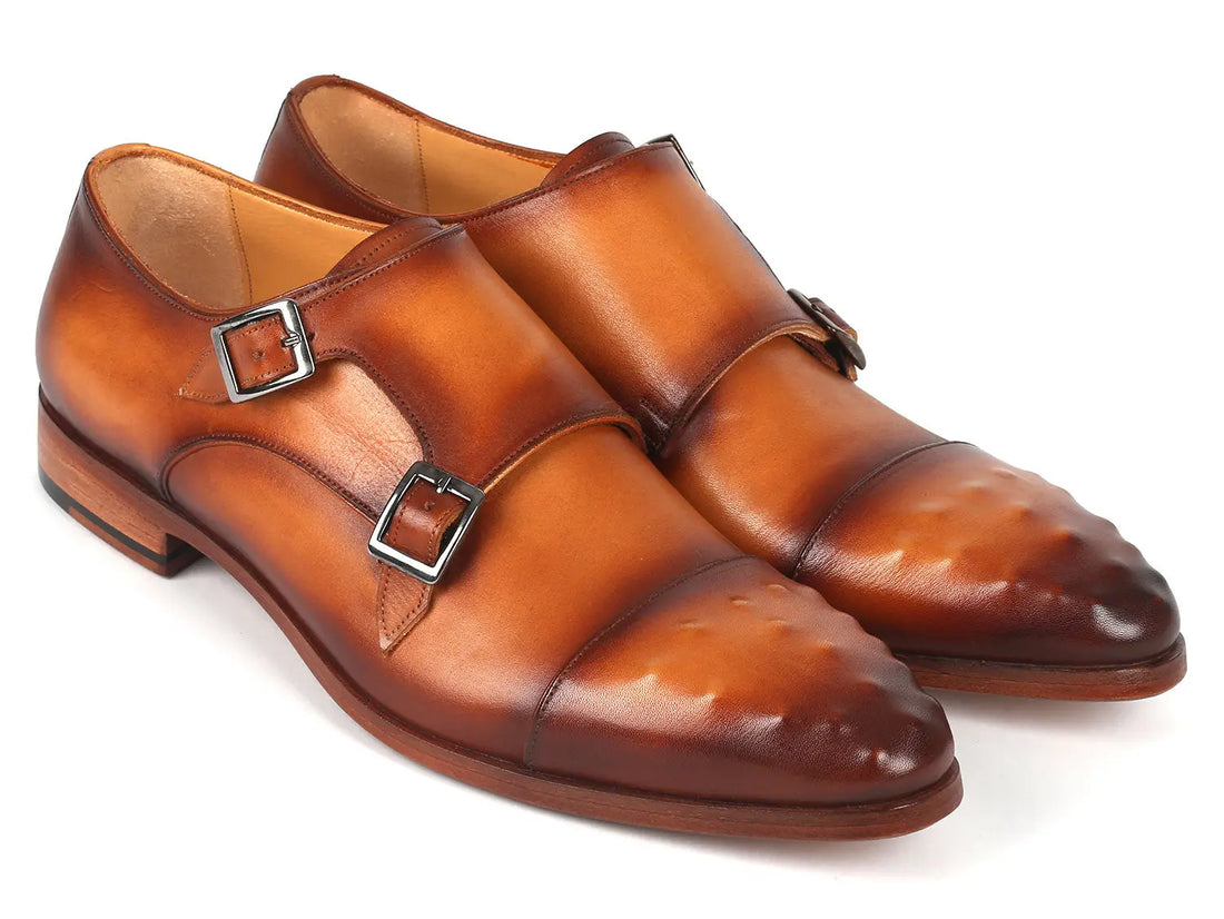 Paul Parkman Men's Light Brown Studded Cap Toe Monk strap Shoes (ID#047-CML) PAUL PARKMAN
