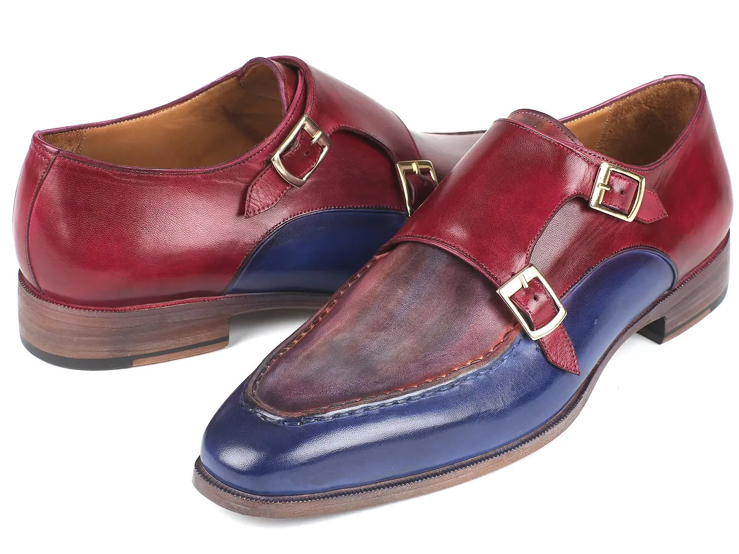 Paul Parkman Men's Blue/Bordeaux Genuine Leather Double Monk straps Shoes (ID#SW533YR) PAUL PARKMAN