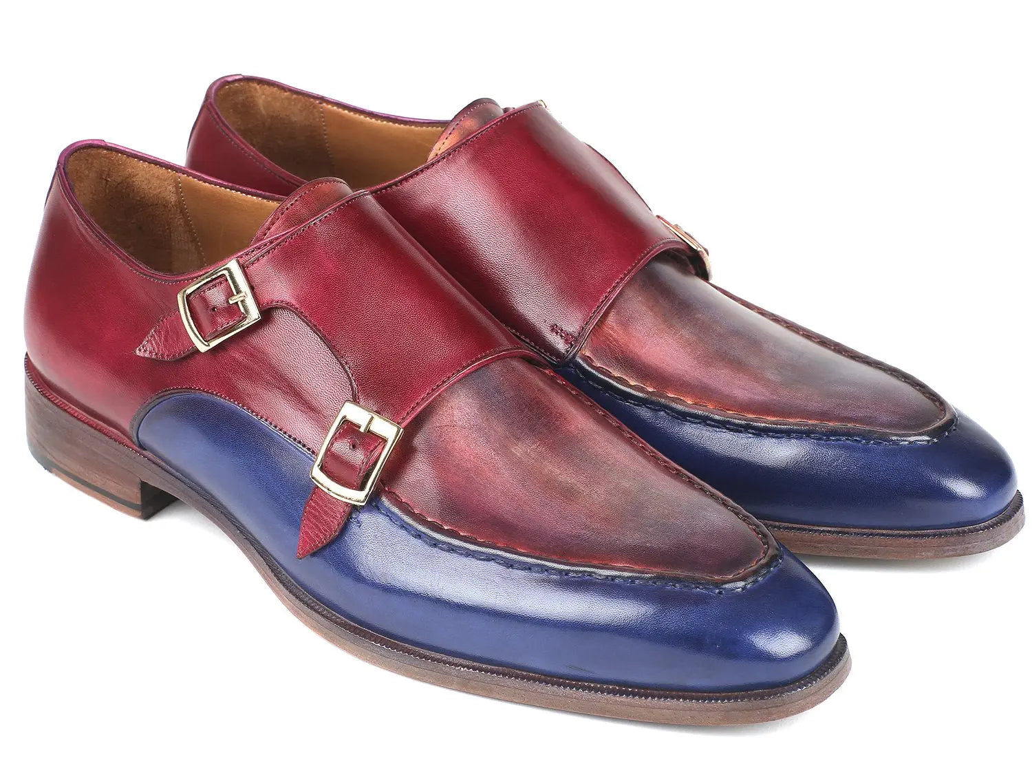 Paul Parkman Men's Blue/Bordeaux Genuine Leather Double Monk straps Shoes (ID#SW533YR) PAUL PARKMAN