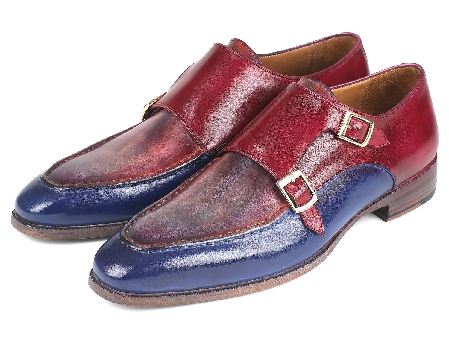 Paul Parkman Men's Blue/Bordeaux Genuine Leather Double Monk straps Shoes (ID#SW533YR) PAUL PARKMAN