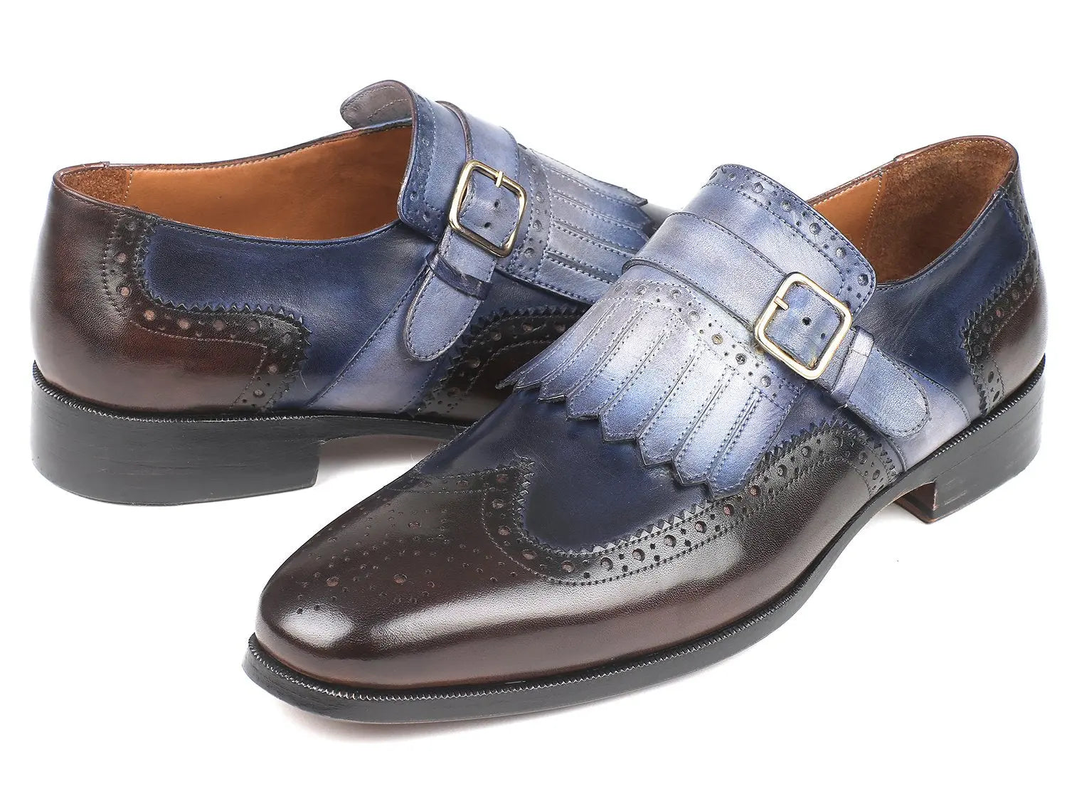 Paul Parkman Men's Blue/Brown Kiltie Monk strap Shoes (ID#52SL79) PAUL PARKMAN