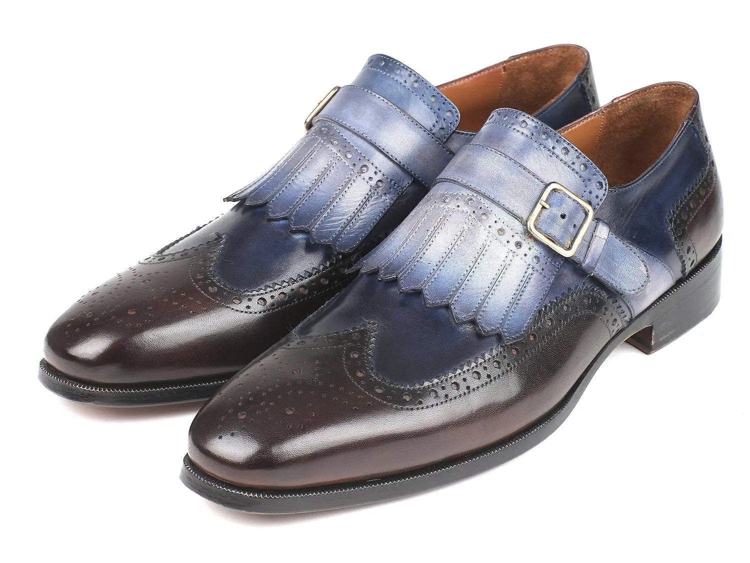 Paul Parkman Men's Blue/Brown Kiltie Monk strap Shoes (ID#52SL79) PAUL PARKMAN