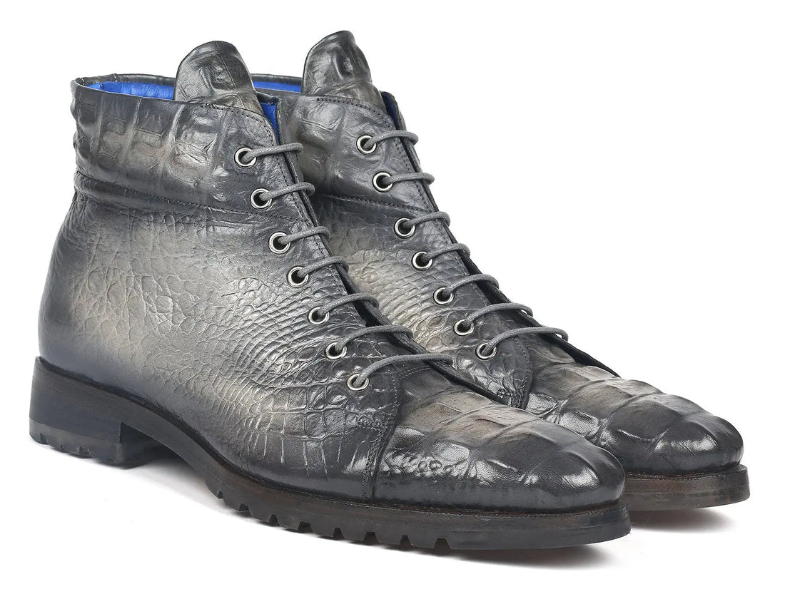 Paul Parkman Men's Gray Crocodile Embossed Genuine Leather Boots (ID#12811-GRY) PAUL PARKMAN