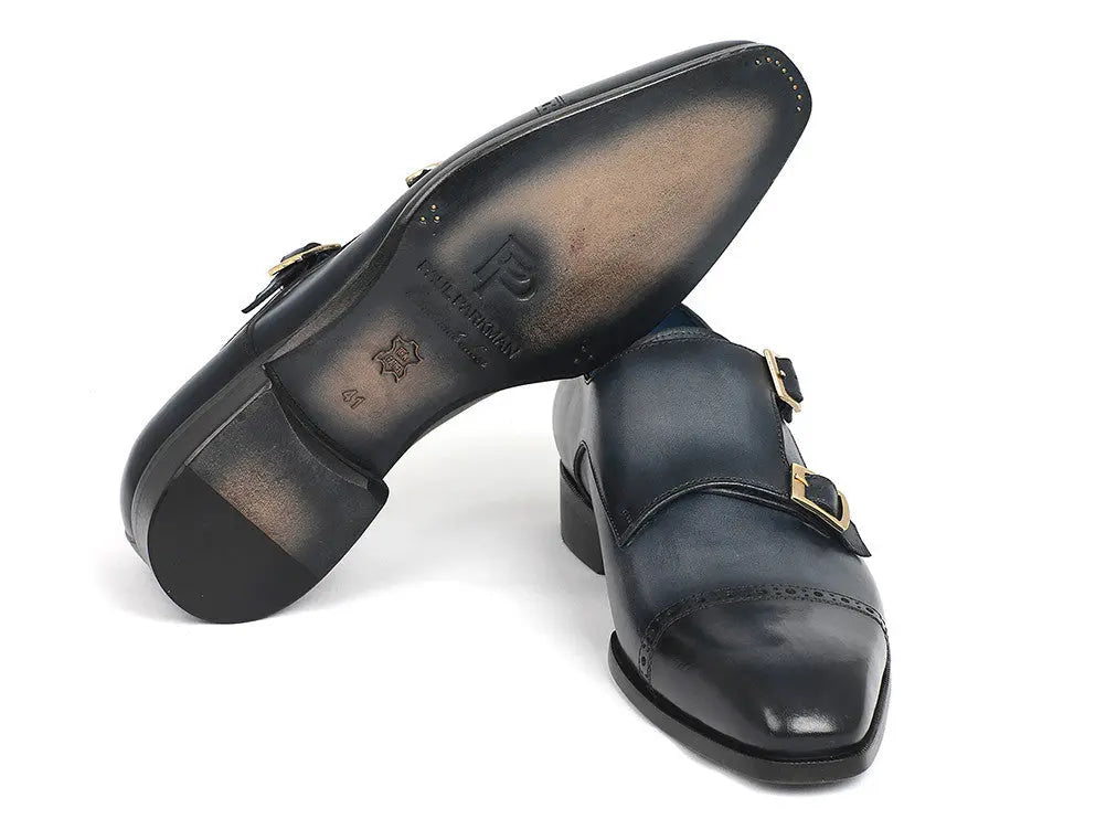 Paul Parkman Men's Navy Cap Toe Double Monk strap Shoes (ID#045NVY62) PAUL PARKMAN