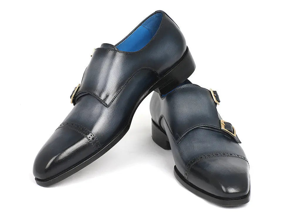 Paul Parkman Men's Navy Cap Toe Double Monk strap Shoes (ID#045NVY62) PAUL PARKMAN