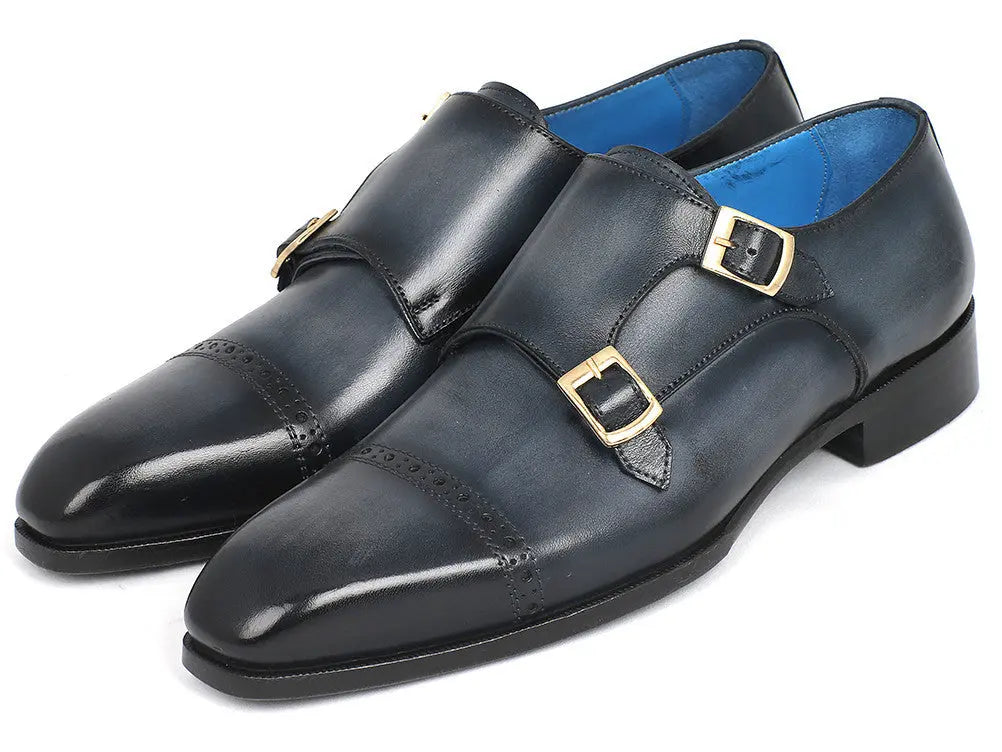 Paul Parkman Men's Navy Cap Toe Double Monk strap Shoes (ID#045NVY62) PAUL PARKMAN