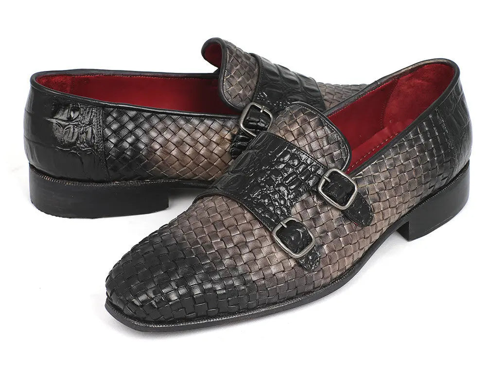 Paul Parkman Men's Gray Woven/Crocodile Embossed Monk strap Shoes (ID#HK588-GRY) PAUL PARKMAN