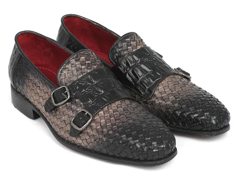 Paul Parkman Men's Gray Woven/Crocodile Embossed Monk strap Shoes (ID#HK588-GRY) PAUL PARKMAN