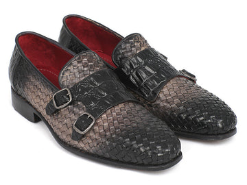 Paul Parkman Gray Woven & Croc Embossed Monkstraps (ID#HK588-GRY)