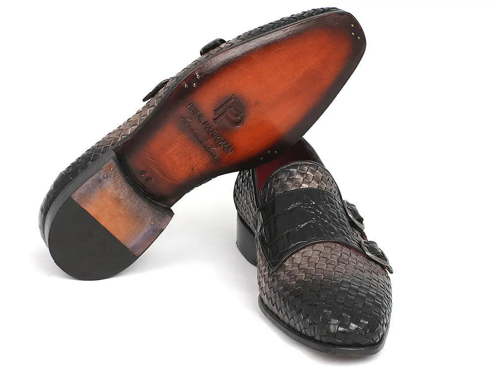 Paul Parkman Men's Gray Woven/Crocodile Embossed Monk strap Shoes (ID#HK588-GRY) PAUL PARKMAN