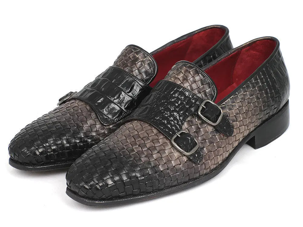 Paul Parkman Men's Gray Woven/Crocodile Embossed Monk strap Shoes (ID#HK588-GRY) PAUL PARKMAN