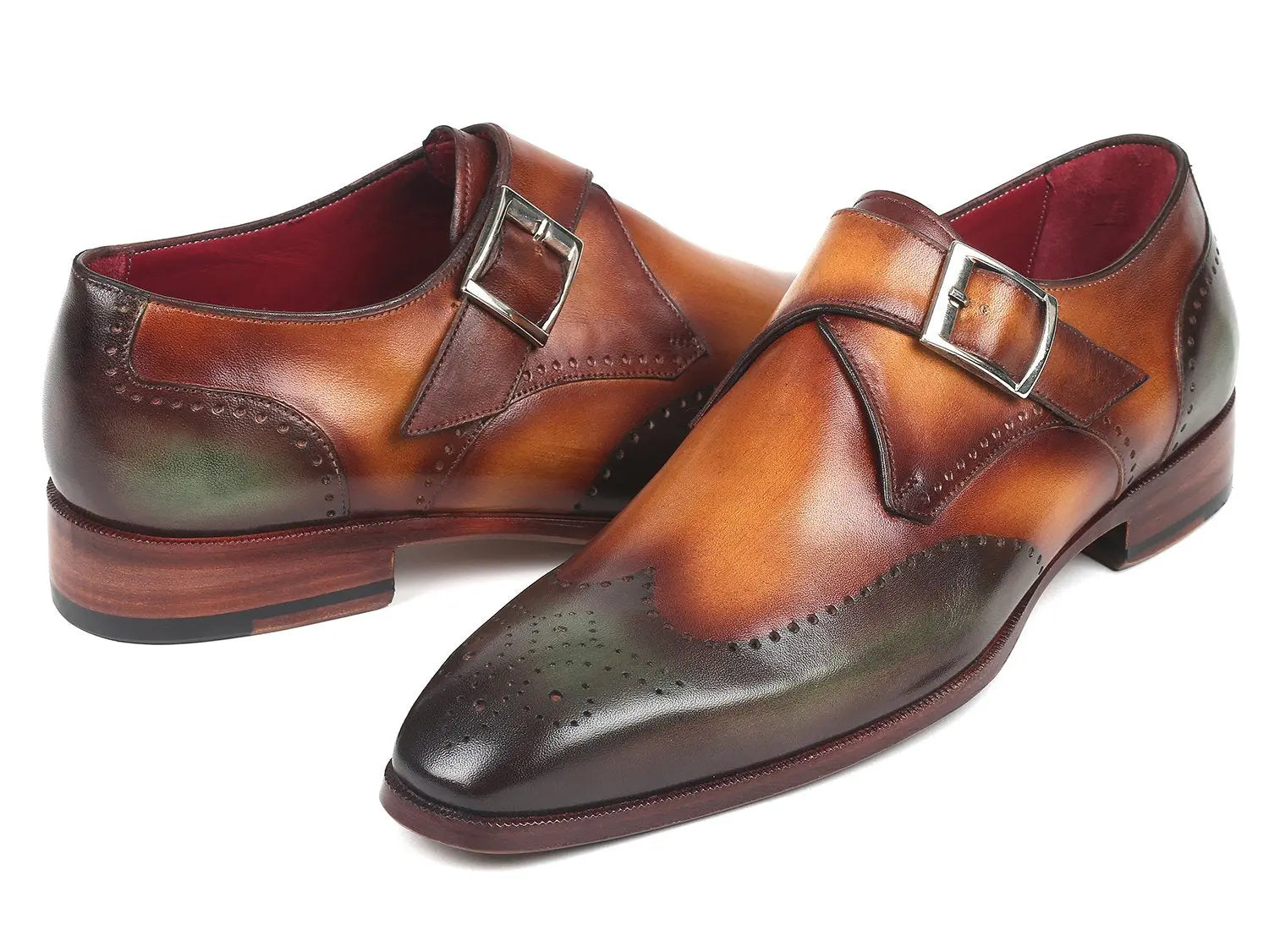 Paul Parkman Men's Green/Camel Hand-Painted Wingtip Single Monk strap Shoes (ID#944-GRN-CML) PAUL PARKMAN