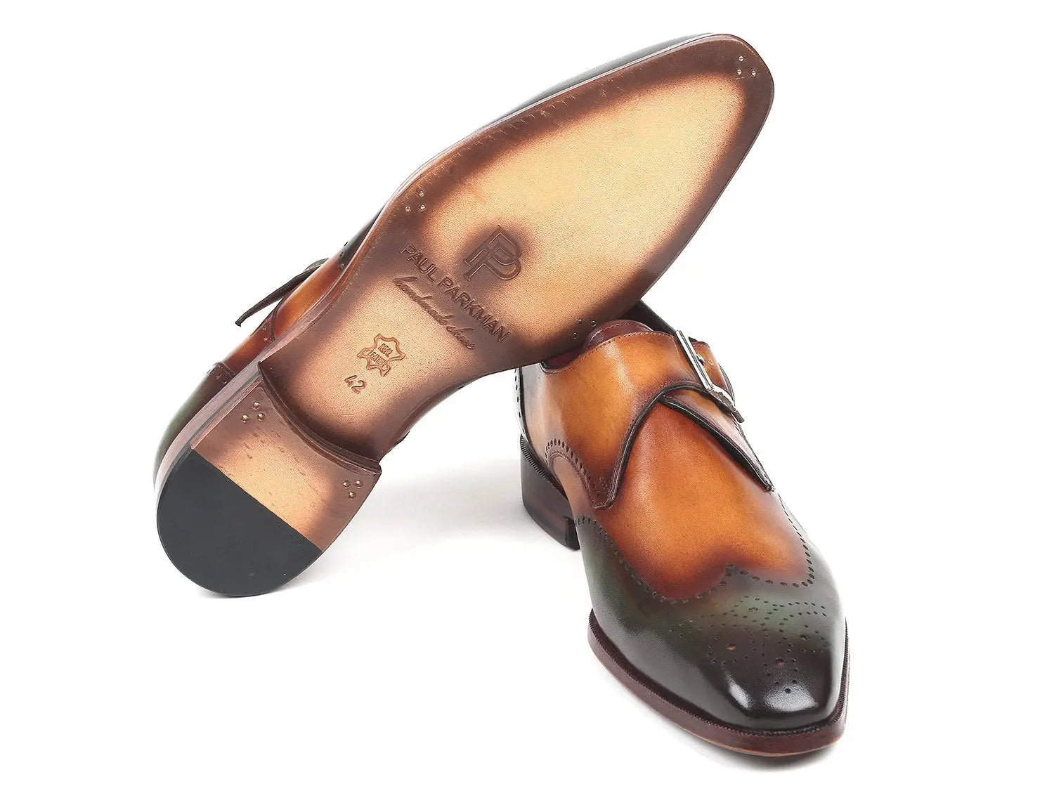 Paul Parkman Men's Green/Camel Hand-Painted Wingtip Single Monk strap Shoes (ID#944-GRN-CML) PAUL PARKMAN