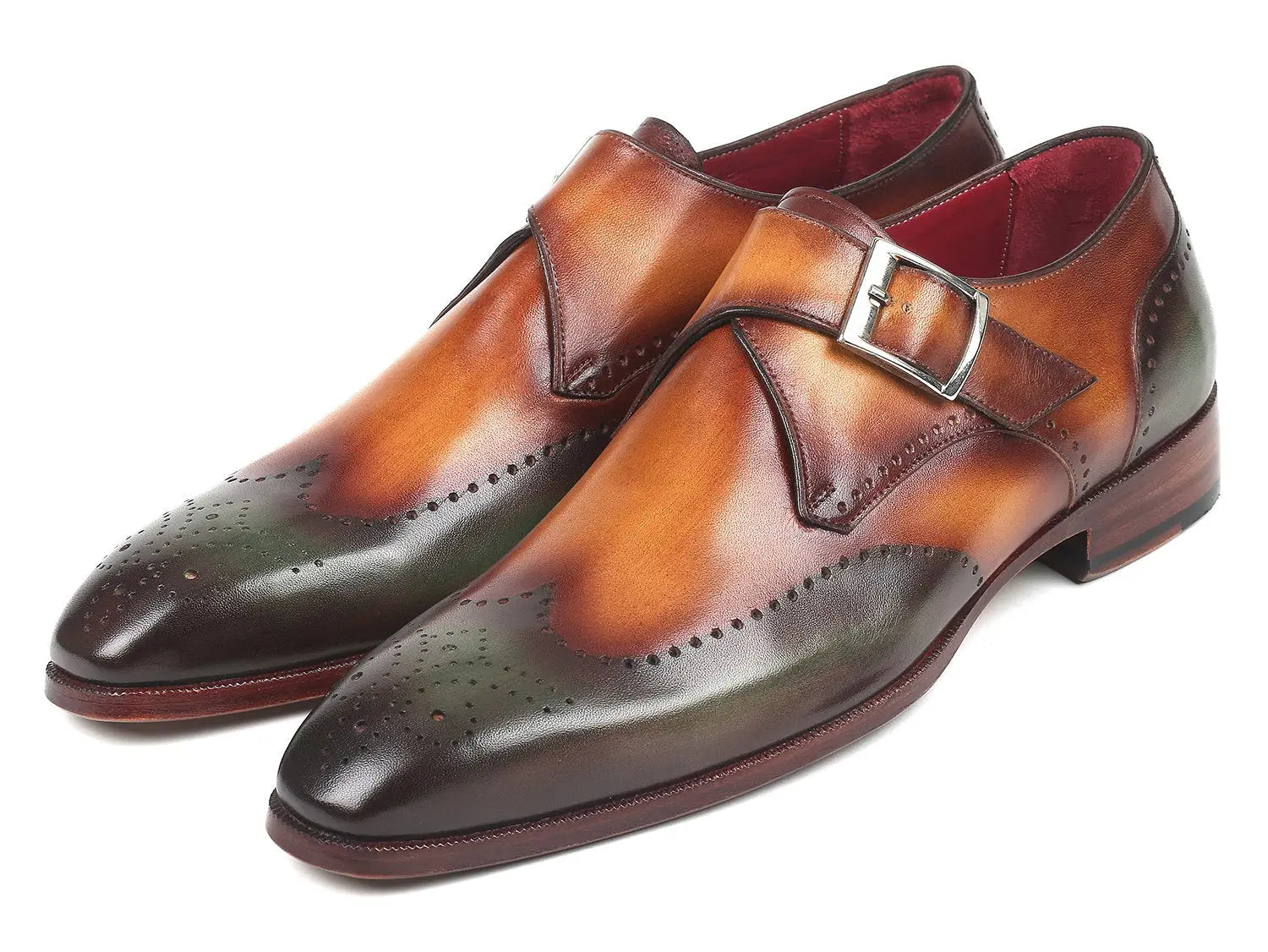 Paul Parkman Men's Green/Camel Hand-Painted Wingtip Single Monk strap Shoes (ID#944-GRN-CML) PAUL PARKMAN