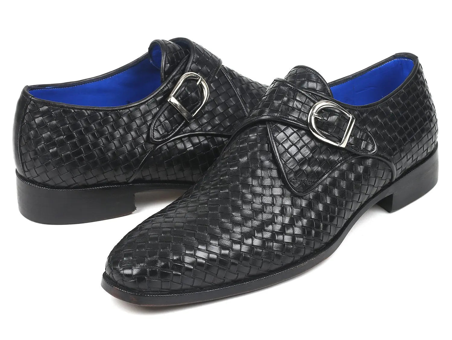 Paul Parkman Men's Black Woven Genuine Leather Single Monk strap Shoes (ID#011WN95) PAUL PARKMAN