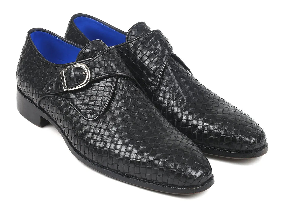 Paul Parkman Men's Black Woven Genuine Leather Single Monk strap Shoes (ID#011WN95) PAUL PARKMAN