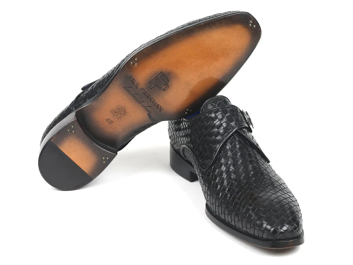 Paul Parkman Men's Black Woven Genuine Leather Single Monk strap Shoes (ID#011WN95) PAUL PARKMAN