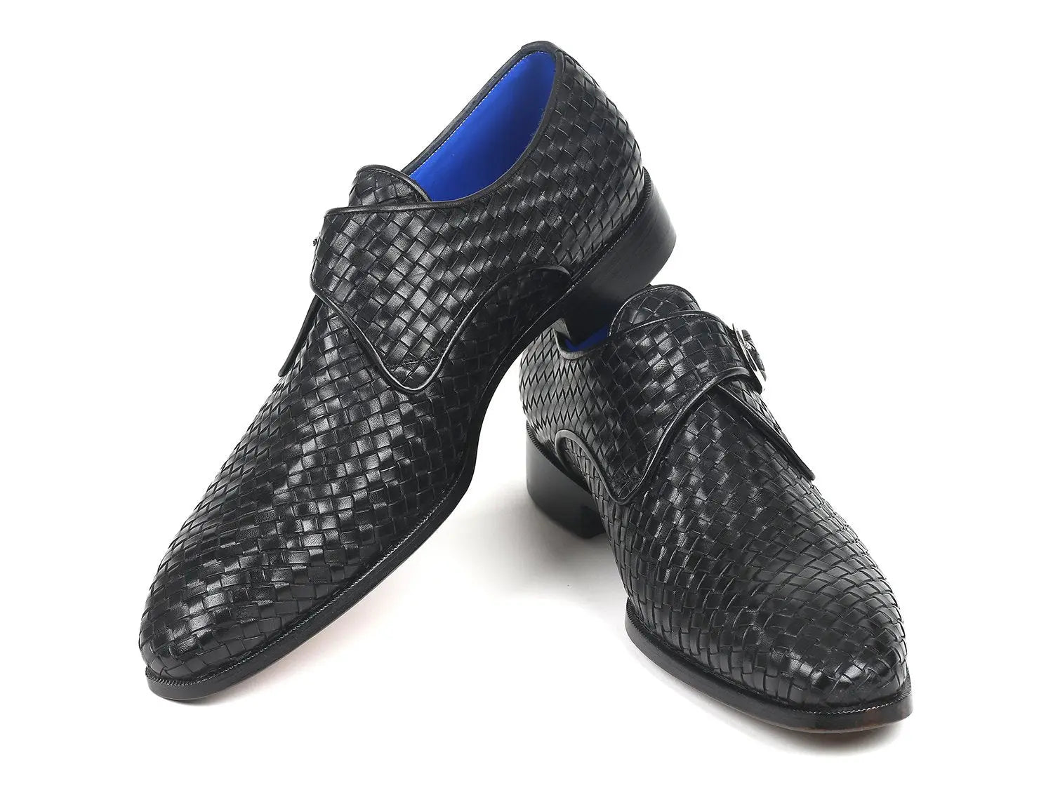Paul Parkman Men's Black Woven Genuine Leather Single Monk strap Shoes (ID#011WN95) PAUL PARKMAN