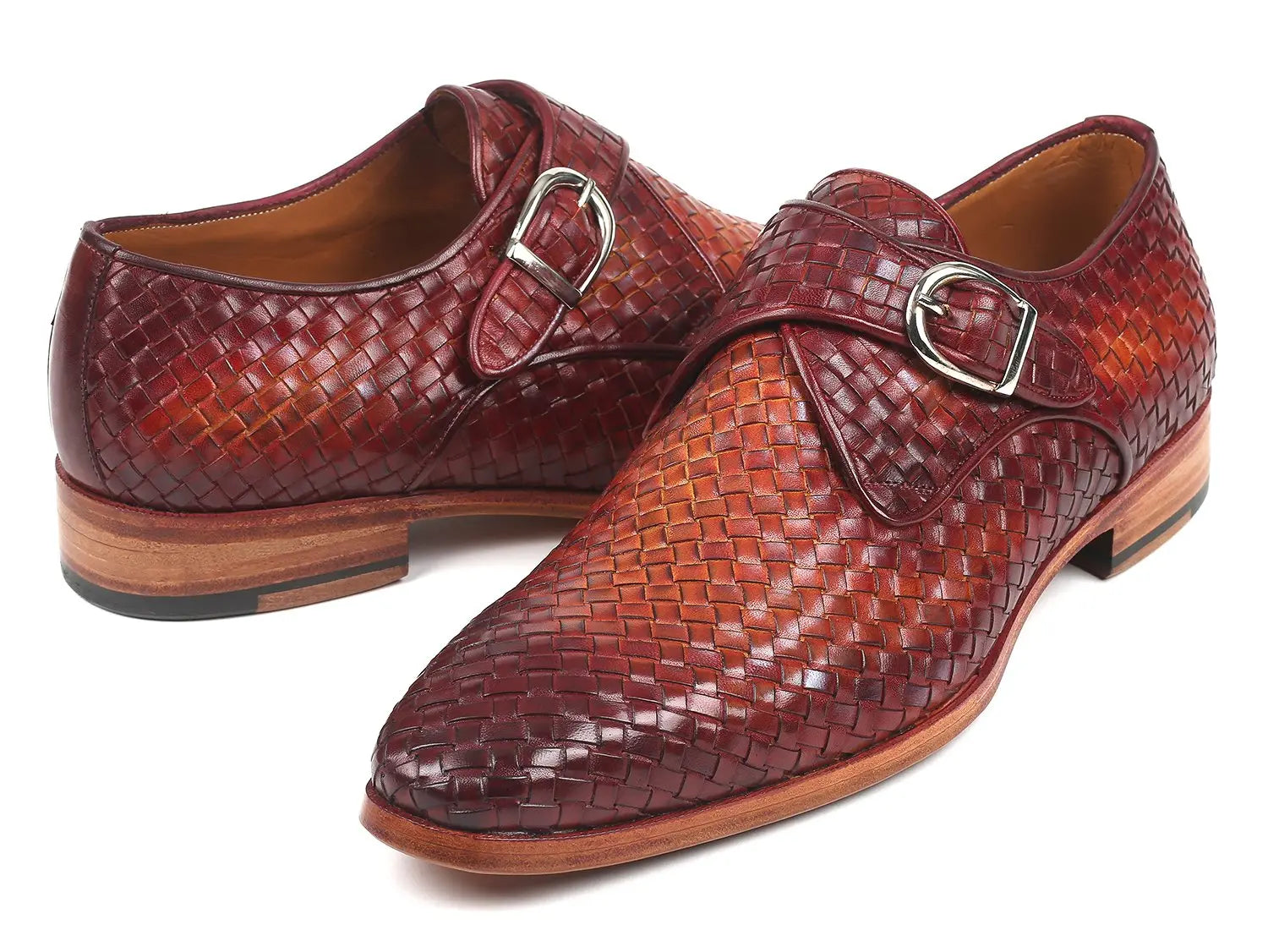 Paul Parkman Men's Reddish Brown Woven Genuine Leather Single Monk strap Shoes (ID#011WN57) PAUL PARKMAN