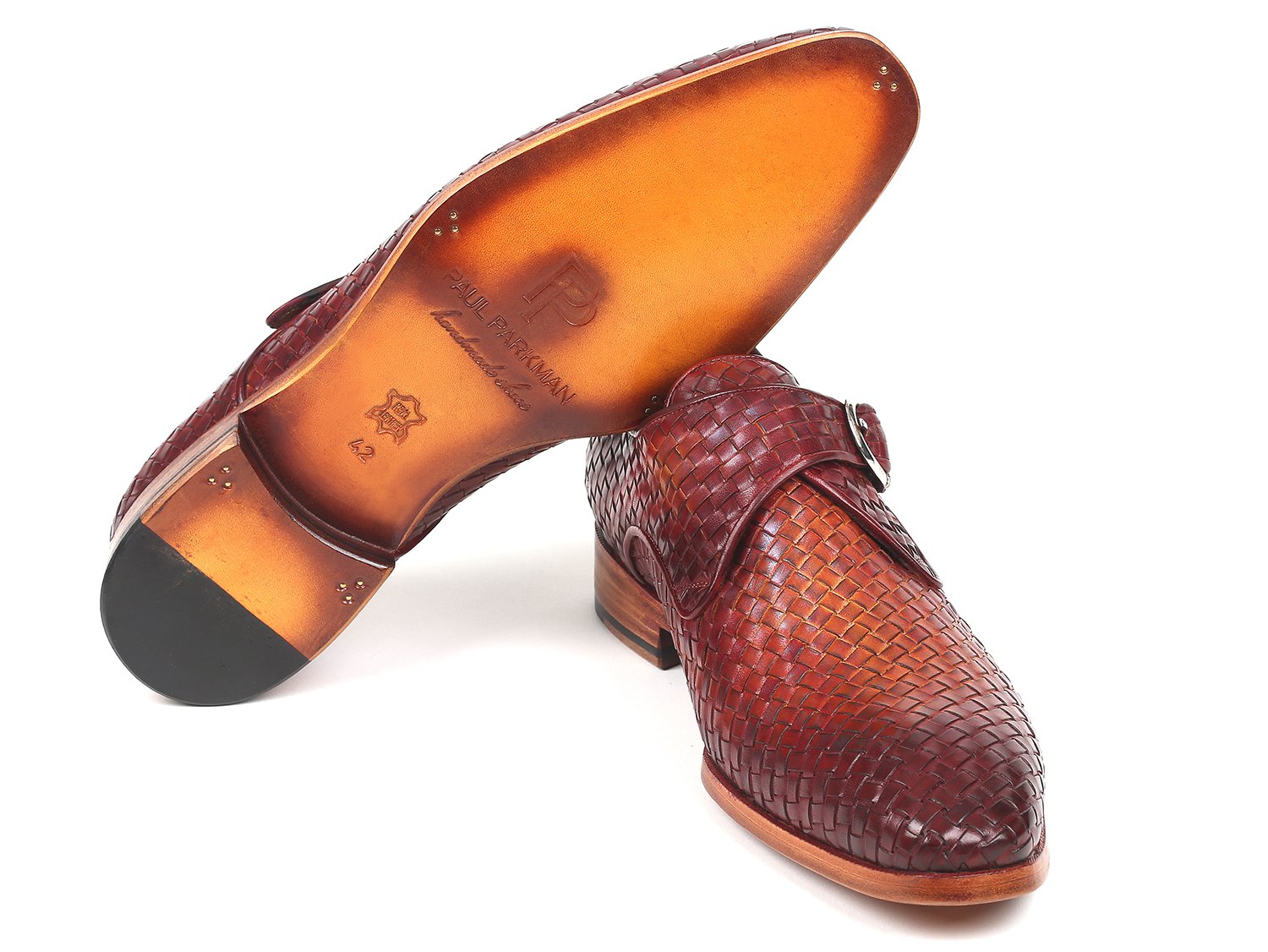 Paul Parkman Reddish Brown Woven Leather Single Monkstraps (ID#011WN57) PAUL PARKMAN