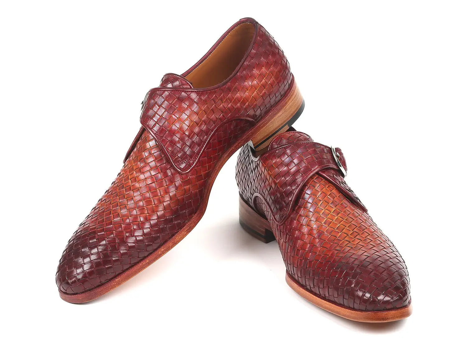 Paul Parkman Men's Reddish Brown Woven Genuine Leather Single Monk strap Shoes (ID#011WN57) PAUL PARKMAN
