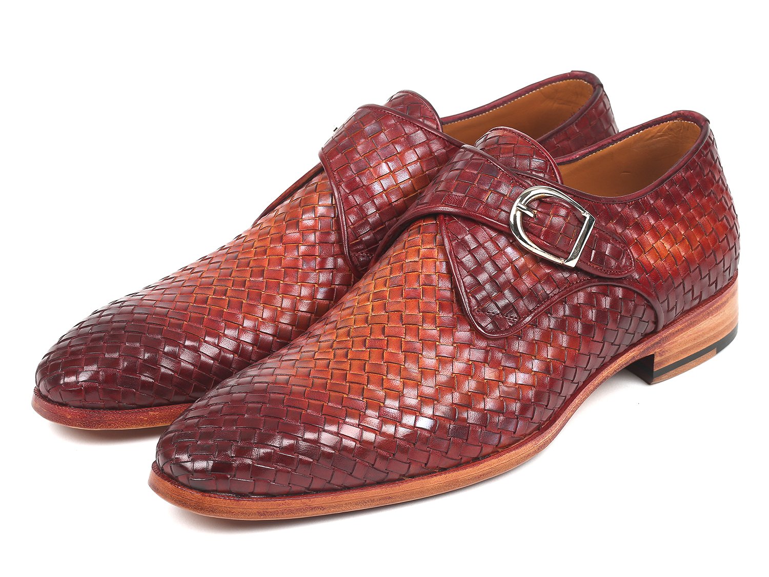 Paul Parkman Reddish Brown Woven Leather Single Monkstraps (ID#011WN57) PAUL PARKMAN