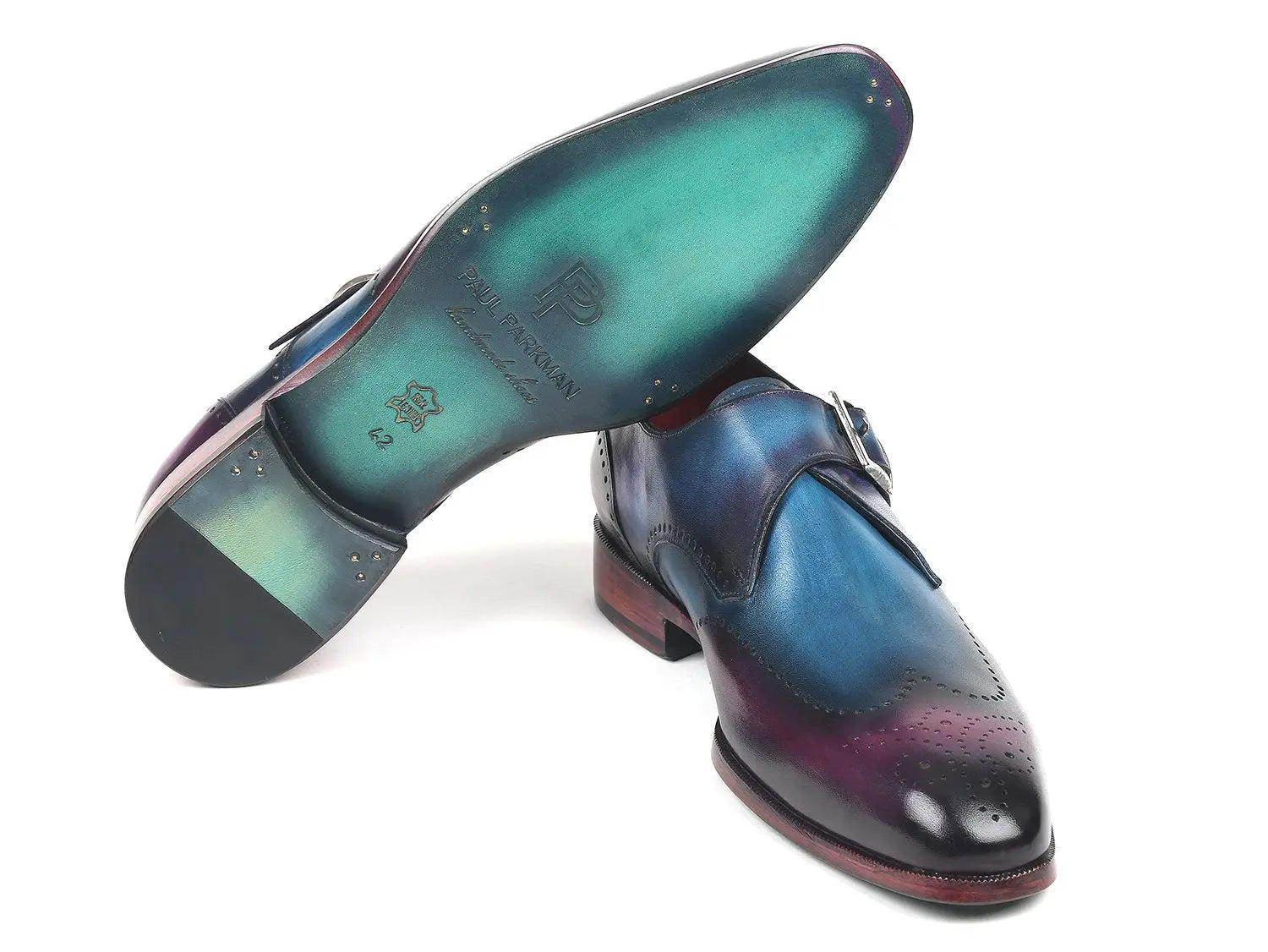 Paul Parkman Men's Blue/Purple Hand-Painted Wingtip Single Monk strap Shoes (ID#948-BLU-PRP) PAUL PARKMAN