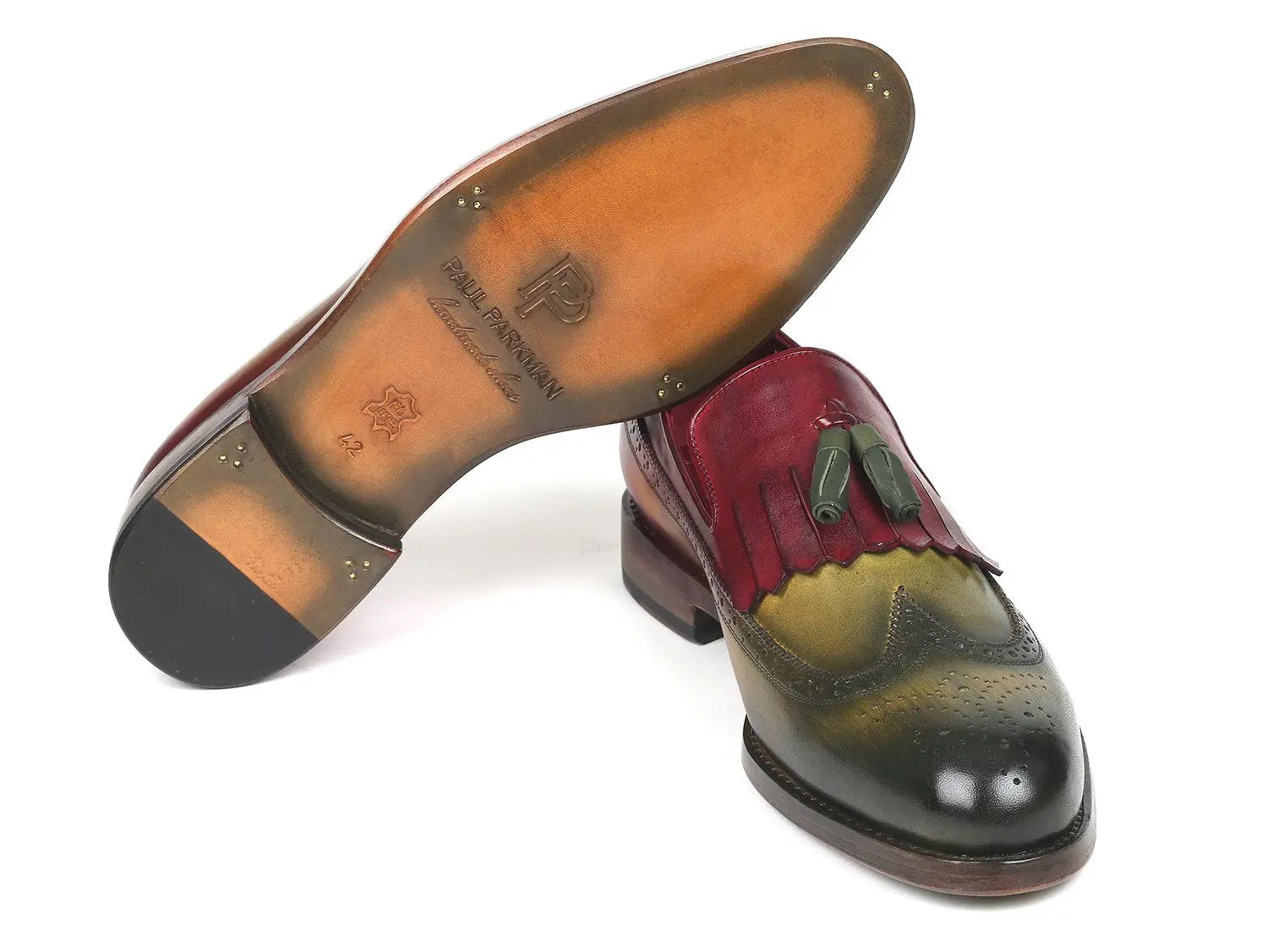 Paul Parkman Men's Green/Bordeaux Kiltie Tassel Loafers (ID#KT39RD) PAUL PARKMAN