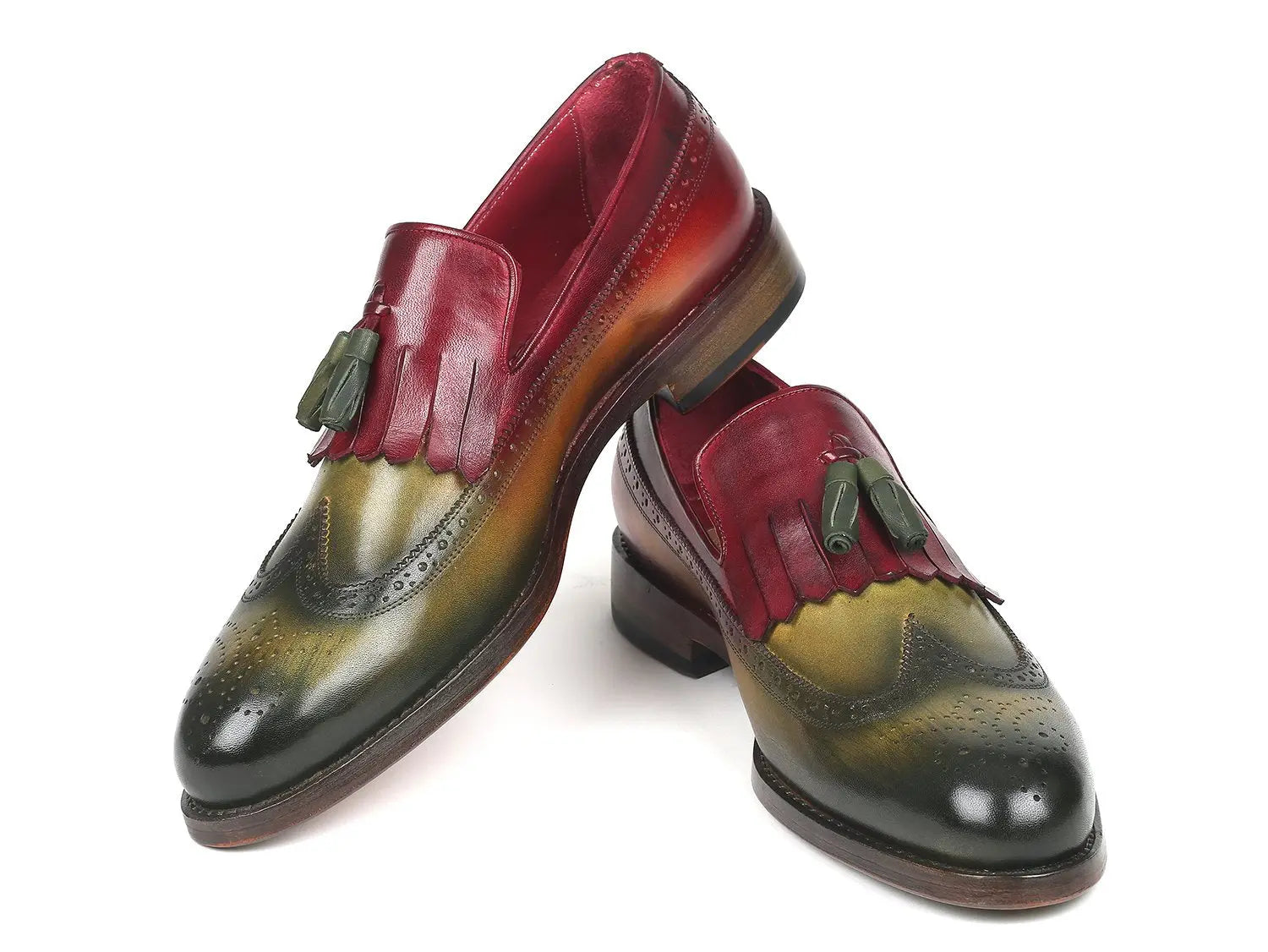 Paul Parkman Men's Green/Bordeaux Kiltie Tassel Loafers (ID#KT39RD) PAUL PARKMAN