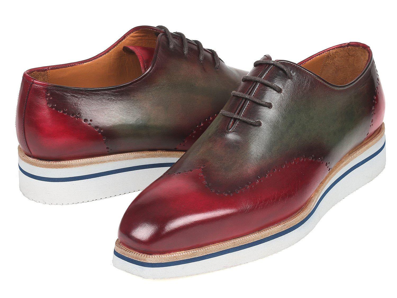 Paul Parkman Men's Smart Casual Wingtip Oxfords Bordeaux & Green (ID#187-BRD-GRN) PAUL PARKMAN