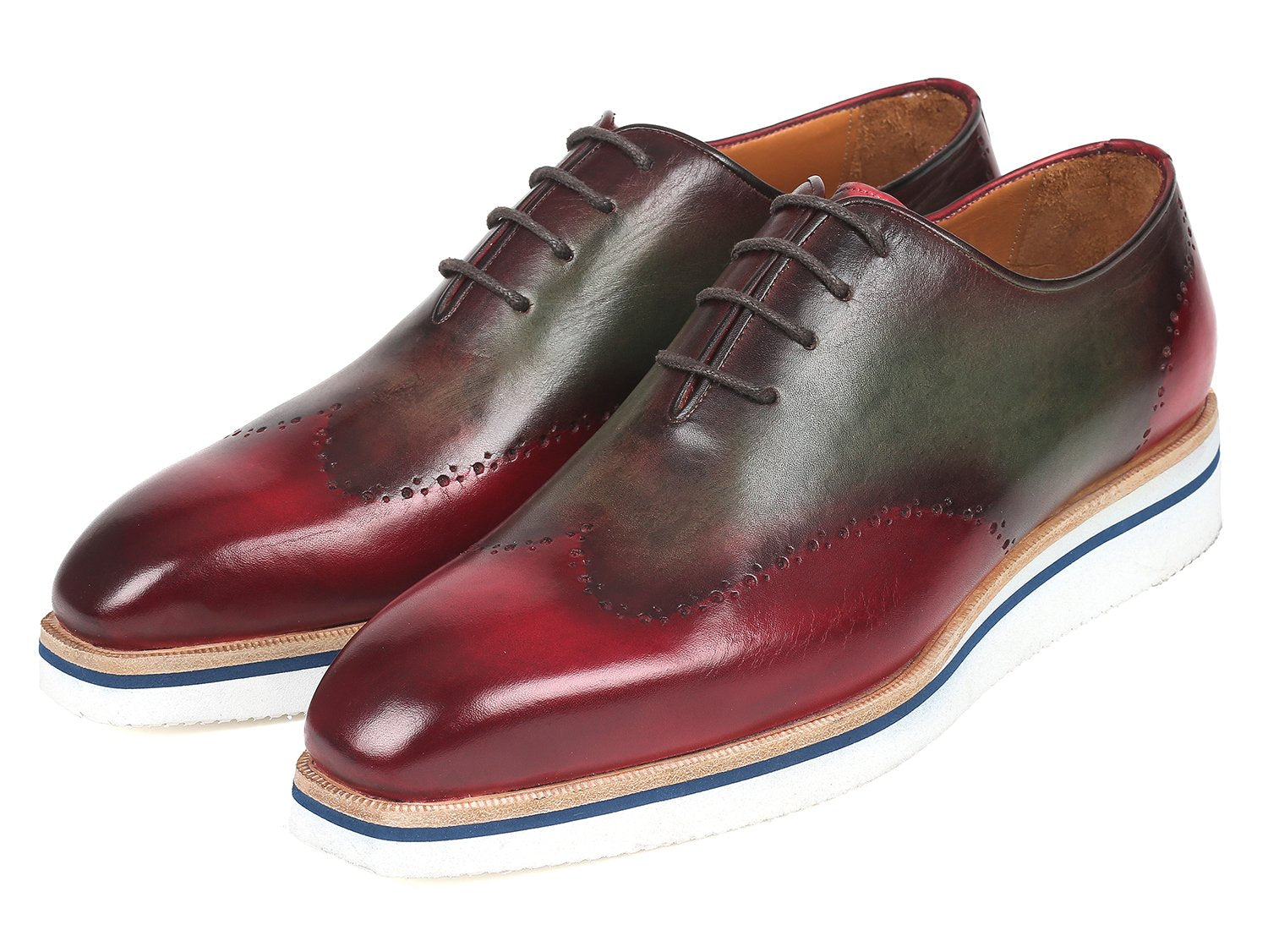 Paul Parkman Men's Smart Casual Wingtip Oxfords Bordeaux & Green (ID#187-BRD-GRN) PAUL PARKMAN