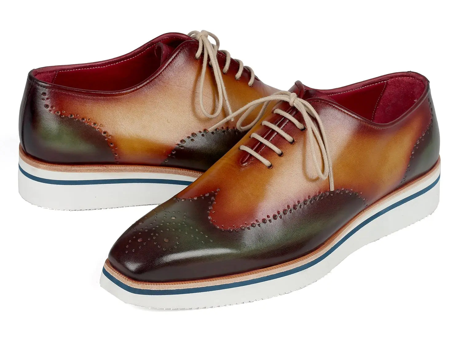 Paul Parkman Men's Green/Camel Smart Casual Wingtip Oxfords (ID#188-GRN-CML) PAUL PARKMAN
