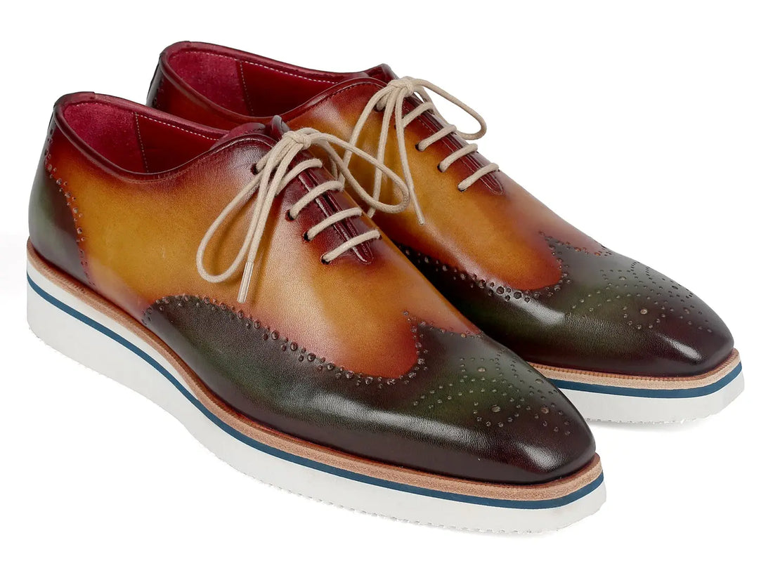 Paul Parkman Men's Green/Camel Smart Casual Wingtip Oxfords (ID#188-GRN-CML) PAUL PARKMAN