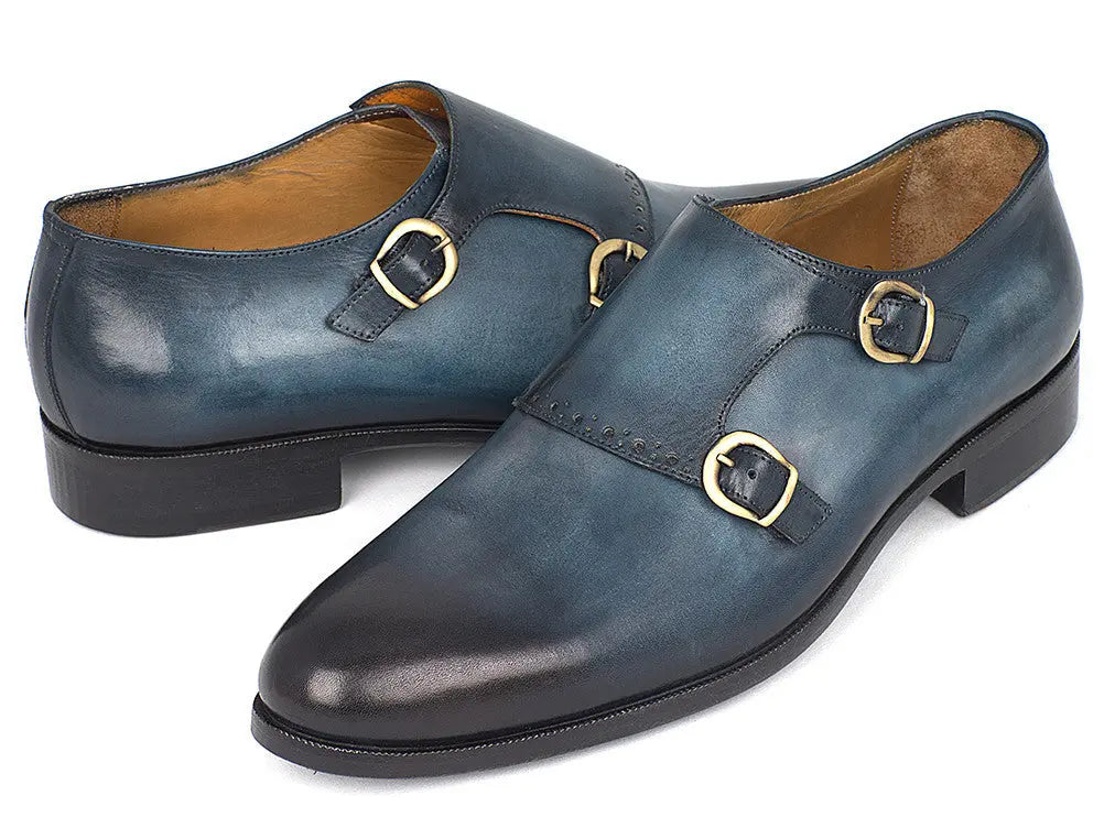 Paul Parkman Men's Navy Genuine Leather Double Monk strap Shoes (ID#HT54-NAVY) PAUL PARKMAN