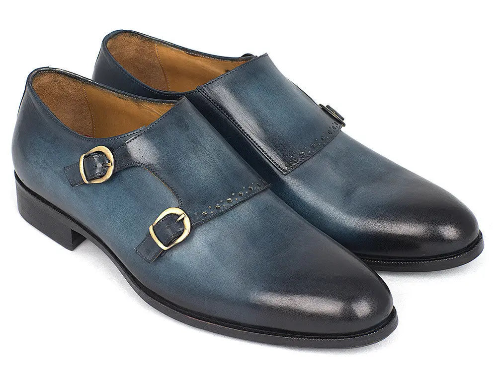 Paul Parkman Men's Navy Genuine Leather Double Monk strap Shoes (ID#HT54-NAVY) PAUL PARKMAN