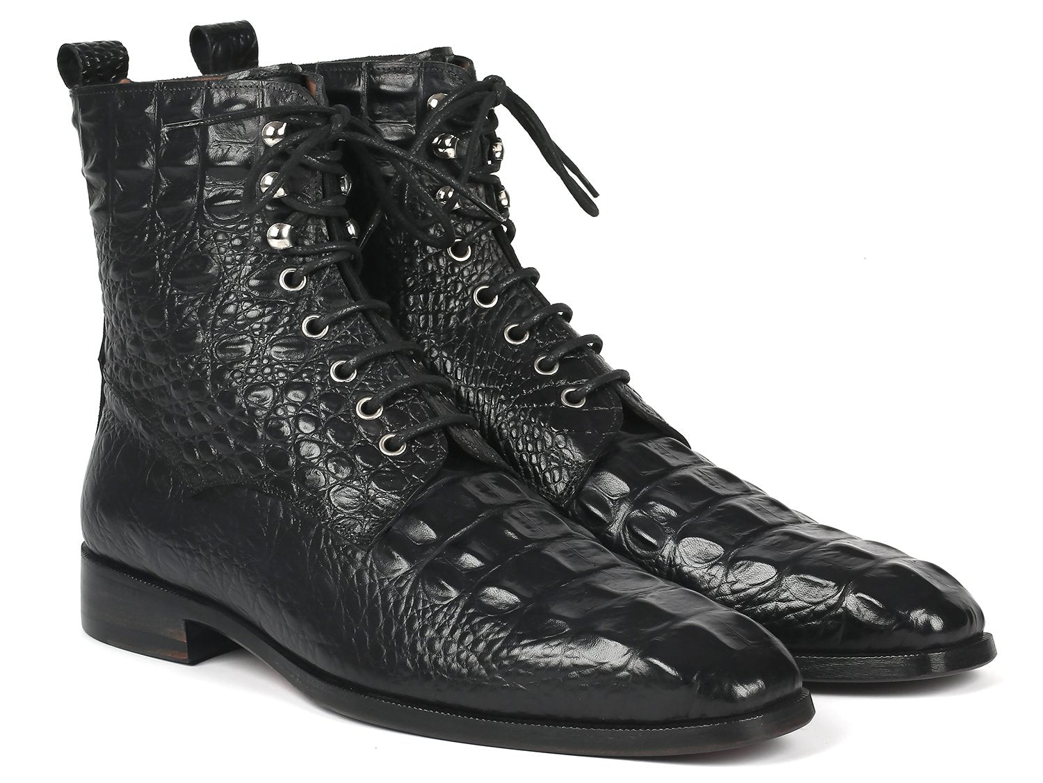 Paul Parkman Men's Black Croco Embossed Leather Lace-Up Boots (ID#BT744-BLK)