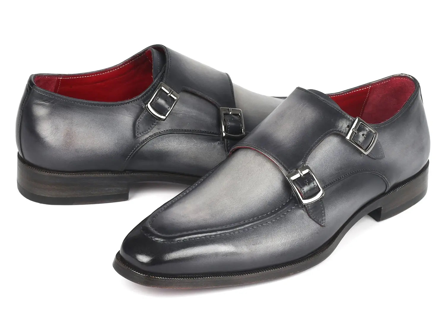 Paul Parkman Men's Gray Leather Double Monkstrap Shoes (ID#SW534GY) PAUL PARKMAN