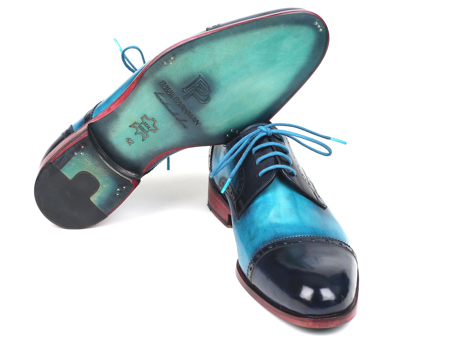 Paul Parkman Two Tone Cap-Toe Derby Shoes Blue & Turquoise (ID#046-TRQ) PAUL PARKMAN