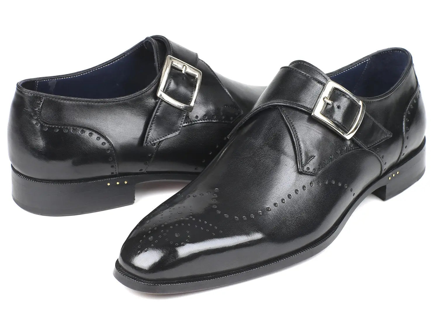 Paul Parkman Men's Black Hand-Painted Wingtip Single Monk strap Shoes (ID#98F54-BLK) PAUL PARKMAN