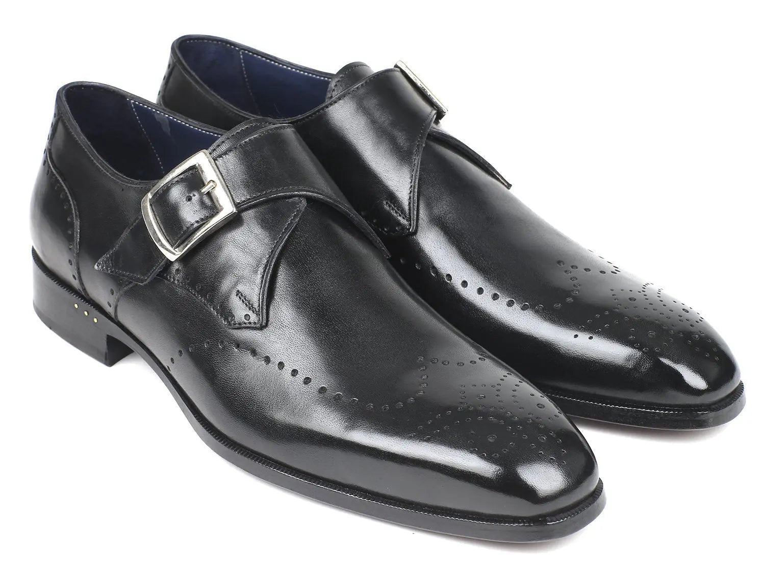 Paul Parkman Men's Black Hand-Painted Wingtip Single Monk strap Shoes (ID#98F54-BLK) PAUL PARKMAN