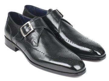 Paul Parkman Men's Black Hand-Painted Wingtip Single Monk strap Shoes (ID#98F54-BLK) PAUL PARKMAN