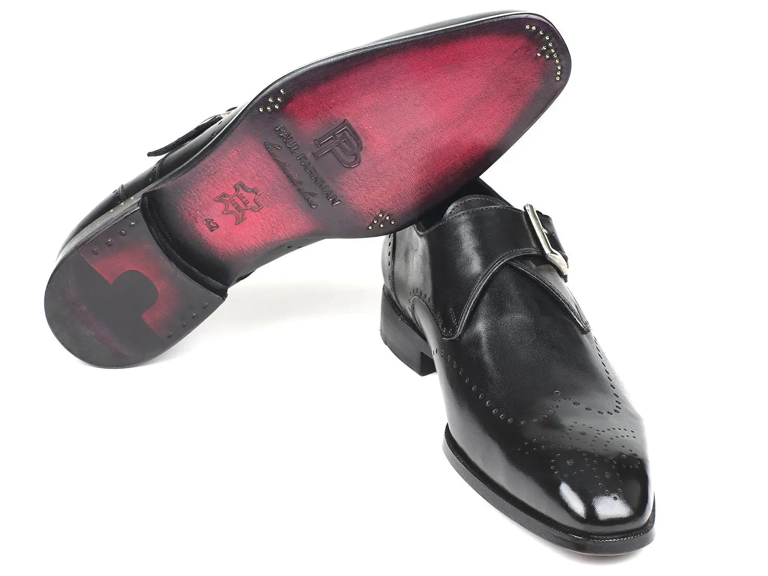 Paul Parkman Men's Black Hand-Painted Wingtip Single Monk strap Shoes (ID#98F54-BLK) PAUL PARKMAN
