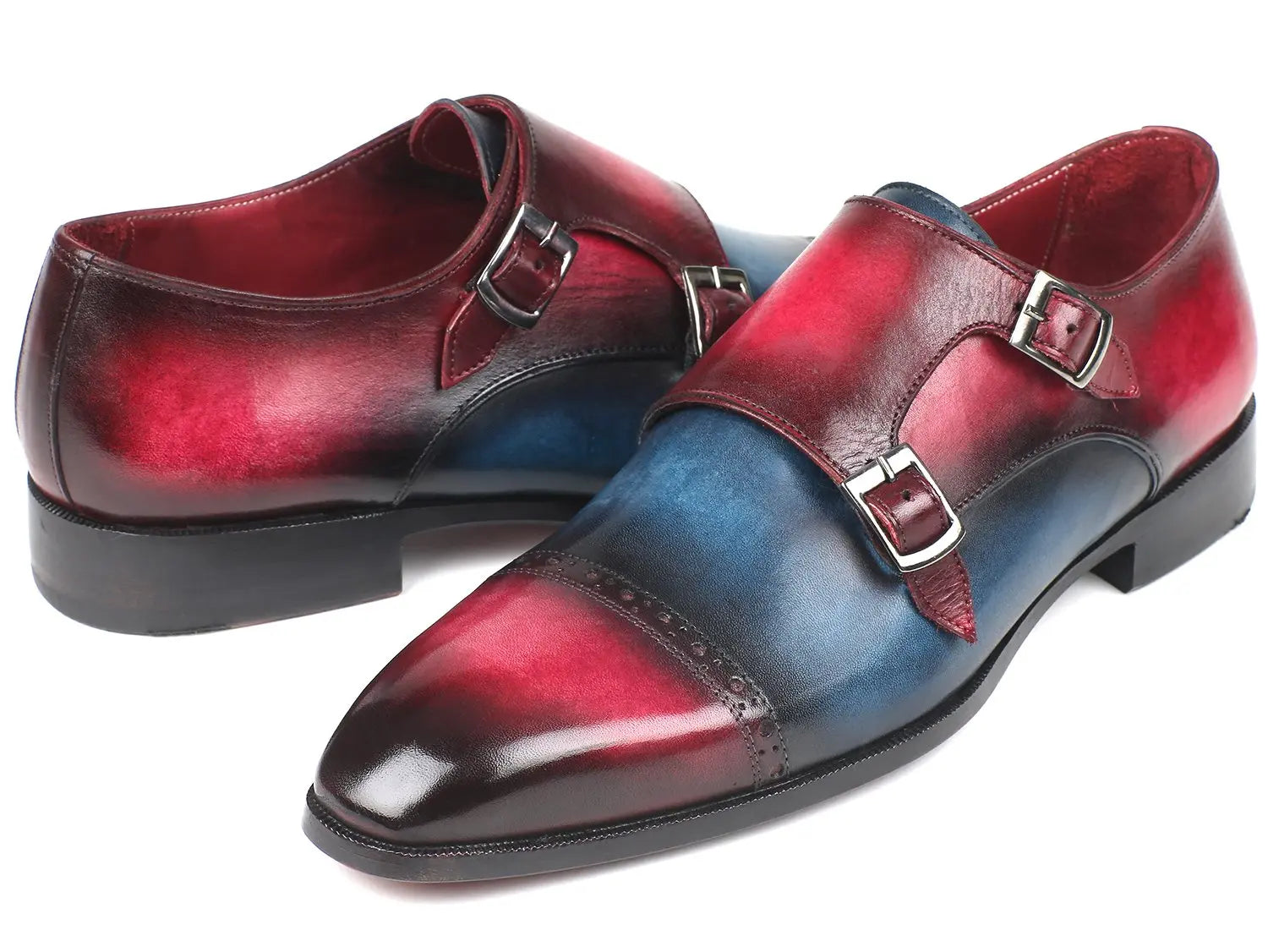 Paul Parkman Men's Blue/Fuxia Cap Toe Double Monk strap Shoes (ID#045BFX81) PAUL PARKMAN